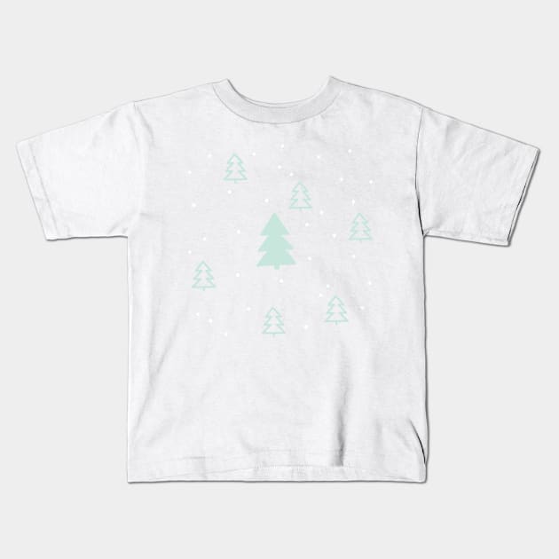 Snowy Forest Teal Kids T-Shirt by Vaeya